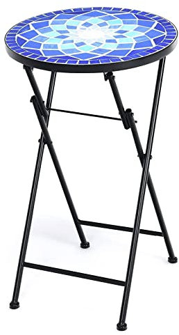 TANGZON Folding Mosaic Plant Stand, Steel Frame Flower Pot Display Shelf, Indoor Outdoor Decorative Potted Plants Rack Holder for Home Patio Balcony Garden (Blue Flower)