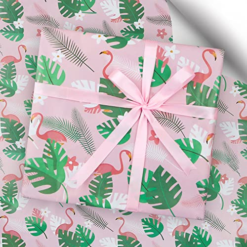 Flamingo and Palm Tree Leaves Birthday Wrapping Paper with 1 Roll Pink Ribbon, Flamingo Gift Wrap Paper 4 Sheets Folded Flat 50x70cm per Sheet, for Birthday Wedding Baby Showers Party