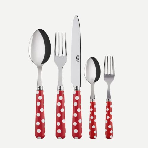 SABRE PARIS - Tafelbesteck, 5-teilig - Gepunktet - Messer, Gabel, Esslöffel, Teelöffel & kleine Gabel - Edelstahl & Nylon - Spülmaschinenfest - Rot