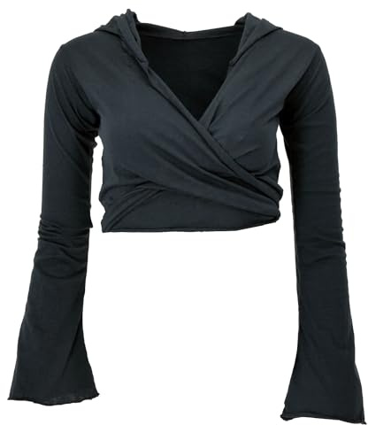 GURU SHOP Wickeltop, Yogatop, Langarmshirt mit Trompetenärmeln - Schwarz, Damen, Baumwolle, Size:L