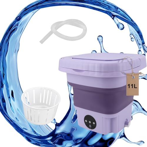 Bewinner Mini Lavadora, Lavadora Portátil de 11 litros, Mini Lavadora de Cubo Plegable, Secadora, Lavadora con Cesta de Drenaje para RV, Viajes, Apartamentos, Lavandería, (Enchufe Europeo