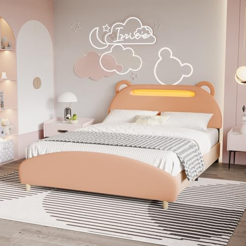 Daesar Doppelbett Jugendbett 140x200, Kinderbett mit Bettkopf in lustiger Bärenkopfform, Bettgestell mit Holz Lattenroste, Polsterbett Samt Khaki