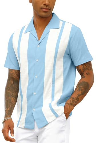 Mens Vintage Bowling Shirt Cotton Linen Beach Shirts Short Sleeve Striped Button Down Summer Tops Hawaiian Shirts Light Blue M