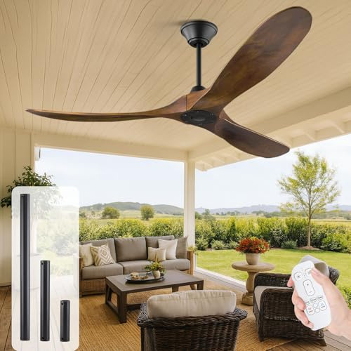 OUENGK Ventilatore da soffitto in legno per esterno da 152 cm senza luce con telecomando, 3 pale in grana di quercia, ventilatore da soffitto rustico per balcone gazebo a sei velocità