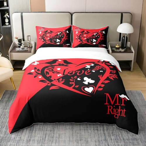 Loussiesd Mr Mrs Bettwäsche Schwarz Rot Kreative Lustige Zitate Bettwäsche Set 200x200cm Baumwolle Paar Lippe Schnurrbart Bettbezug Set Königin und König Romantische Hochzeit Thematische Betten Set