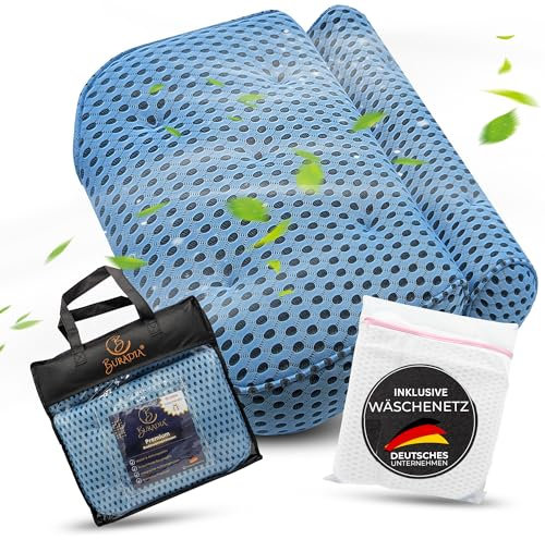 BURADIA Badewannenkissen inkl. Wäschenetz - Ultimativer Komfort und Entspannung mit neuester Air Mesh Technologie - Badekissen für Badewanne mit 7 starken Saugnäpfen - Nacken-/Kopfkissen (hellblau)