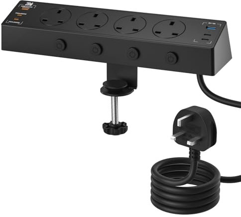 Desk Power Socket, 4 Way Extension Lead with USB C Slots 20W PD, Surge Protected Power Strip with Removable Clamp, Individual Switches, 2M Cable, Black