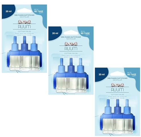 RUUM Nachfüllflakons 3er Pack je 20 ml Cotton Fields - Hochwertiger Raumduft Nachfüller - Kompatibel mit Febreze & Ambi Pur 3Volution Duftstecker - Lufterfrischer Nachfüller für Duftvielfalt