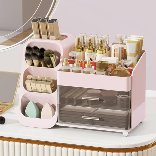 Makeup Organizer with Drawers for Vanity,Spacious Cosmetic Display Case,Perfect Storage Solution for Your Beauty Essential(Pink)