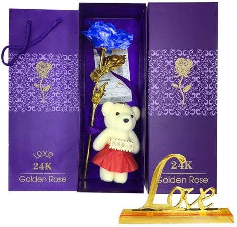 Rosa artificiale immersa in oro con piccolo orso e supporto Love, fiore artificiale per sempre con mini orso Love, confezione regalo, rosa finta dorata per anniversario, per moglie, mamma,