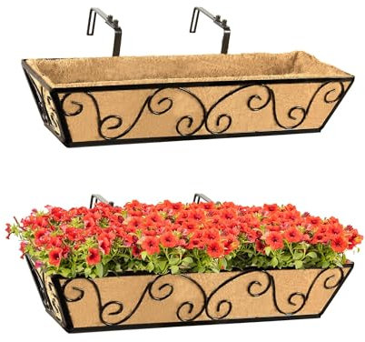 HFHOME Set of 2 24/60.9cm Wall Trough Rail Planters, Metal Butterfly Planter Box with Coco Liner, Long Flowerpot for Railing Window Box Porch Balcony & Outdoor Fences