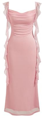 CIDER Robe d'invitée de mariage pour femme, col bénitier à paillettes, sans manches, ourlet à volants, robe longue moulante, rose clair, M