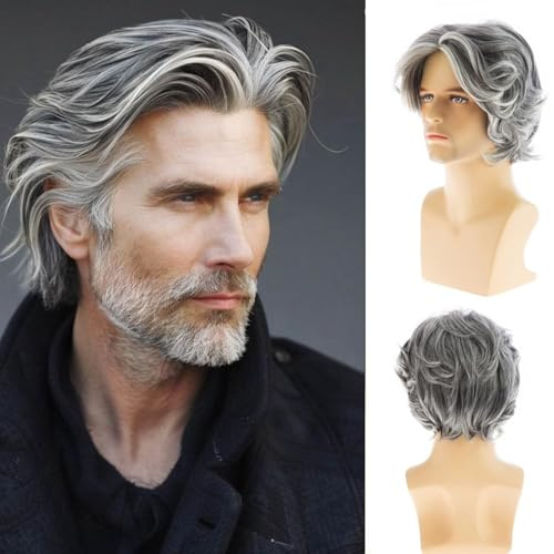 Beweig Herren Perücke Kurze Grau Schichten Synthetische Halloween Cosplay Kostüm Perücke für Männer