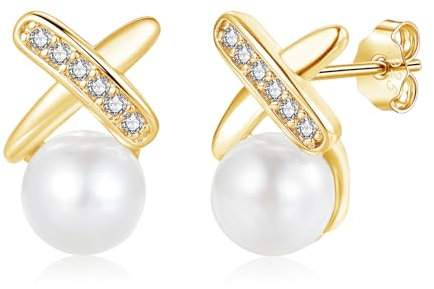 Kamise Ohrringe Stecker, Gold Klein Perle Kreuz Ohrstecker für Damen, 925 Sterling Silber Perle Ohrstecker Ohrringe mit Zirkonia, Hypoallergen Schlafen Knorpel Mode Ohr Stecker für Kinder Mädchen 15mm