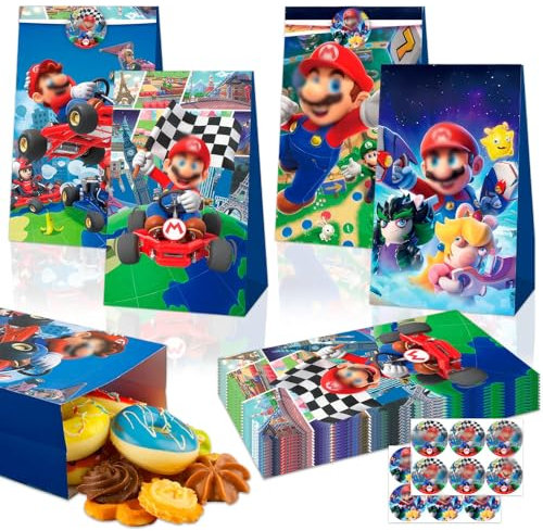 Super Geschenktüten Bros-12Pcs Papiertüten mit 12 Sticker Aufkleber Kinder Party Geschenktüte Mitgebsel Kindergeburtstag Candy Bar Süßigkeiten Tüten Geschenke Einschulung Giveaways Party Bag Supplies