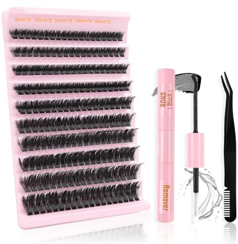 Oreola Cluster Lashes Kit 80D Individual Lashes with Bond Remover Tweezers | False Eyelashes kit with bond, remover, tweezers. 80D individual lashes, easy DIY at home