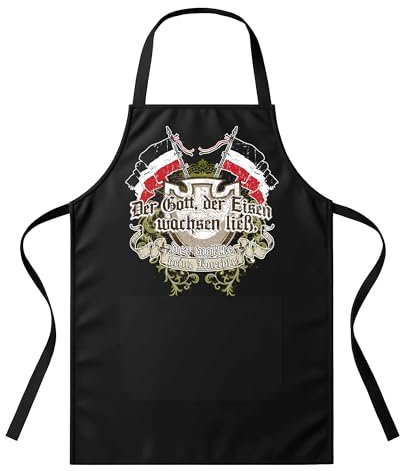 UGLYSHIRT Grillschürze Herren Der Gott, der Eisen wachsen ließ | BBQ Schürze mit Spruch – Geschenk für Männer, Vatertag, Grillmeister, Kaiserreich, Germanen, Deutschland | mit Tasche