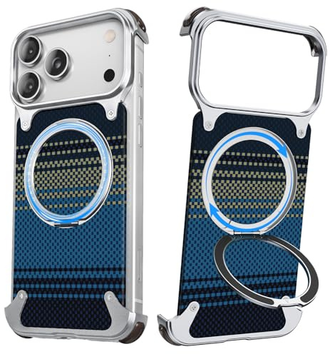 NIFBANG Hülle für iPhone 17 Pro Max mit Ständer,360° Magnetisch Ring,Rahmenlose Kevlar Aramidfaser Anti-Scratch Dünn Handyhülle,Stoßfeste Schutzhülle für i Phone 17 Promax Phone Case(Silber)