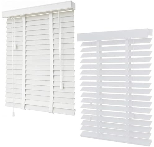 5cm Slats Solid Wood Blinds, Horizontal Wooden Venetian Blinds 30cm 60cm 70cm 80cm 90cm 100cm Wide, Light Filtering Window Shades can Mounted Inside or Outside(White)