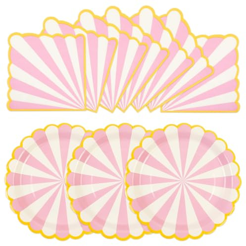 EVYIENEN 50PCS Pink Birthday Party Paper Plates and Napkins,7 Inch Striped Dessert Plates,Scalloped Gold Foil Edge Dinnerware Party Supplies for Birthday,Baby Showers,Girls Valentine's Day