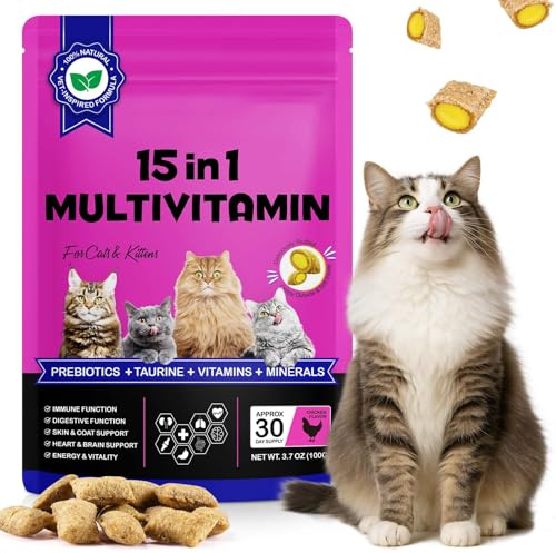 Suppléments Multivitaminiques 15-en-1 À Mâcher pour Chat Et Chatons - Snacks Naturels Et Sains pour Traiter, La Taurine pour L'Intestin, Le Cœur, La Peau Et Le Manteau (Poulet Pendant 30 Jours)