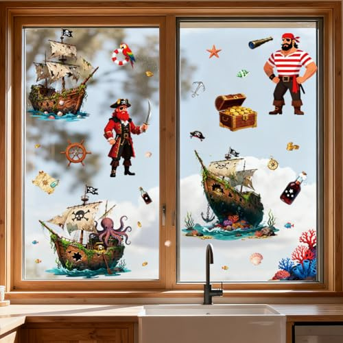 ANATTASOUL Piraten Und Piratenschiffe Fensterbilder for Frühling Sommer | Doppelseitig Blickdichter Badezimmer Fensterbilder Kinderzimmer Wiederverwendbare Fensterbilder Frühling for Winter Herbst