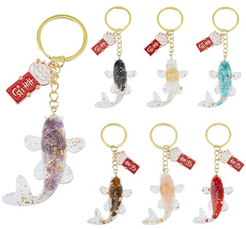SUPERFINDINGS 7 Stück Fisch Schlüsselanhänger Fengshui Schlüsselring Goldfisch Taschenanhänger Resin Anhänger Mit Natürlichen Und Synthetischen Edelsteinen Und Lampwork Im Inneren Schlüsselanhänger