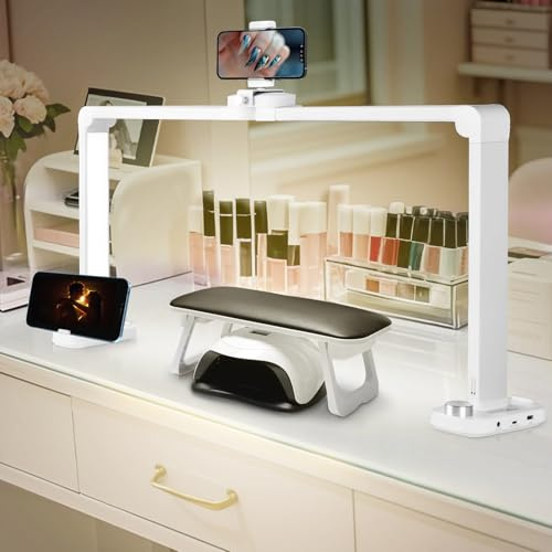 CGBE 34 Zoll Nageltisch Lampe Faltbare Flimmerfrei für Nageltechniker | 40W Dimmbare Halbmond Lampe mit Handyhalter - 456 LED-Perlen - 3 Farbmodi 10 Helligkeiten für Maniküre Tattoo Basteln - Weiß