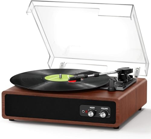 Platine Vinyle, FYDEE Tourne Disque Vinyle Bluetooth avec Émetteur pour Enceintes, Portable avec 3 Vitesses 33/45/78 TR/Min, 2 Haut-Parleurs Intégrés, Sortie RCA, Entrée AUX - Marron Foncé