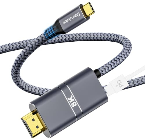 DavVision USB C to HDMI Cable with 240W PD Fast Charging, 8K@60HZ,4K@120Hz,Thunderbolt 5/4/3 Compatible,Upgraded Braided 2-in-1 Type C to HDMI for MacBook, iPhone17/16/15,iPad,HDTV(1M,Grey)