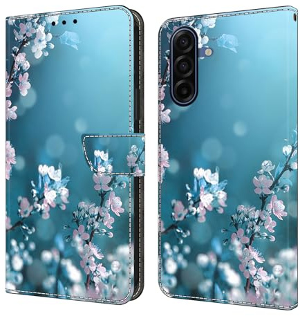 CLM-Tech Handyhülle kompatibel mit Samsung Galaxy A57 5G Hülle - Tasche aus Pu Leder - Klapphülle mit Ständer und Kartenfächern - Schutzhülle Wallet Case Cover Pflaumenblüte blau