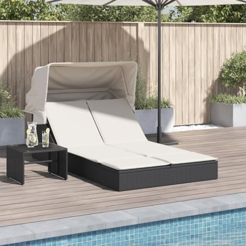 IKAYAA Doppel Sonnenliege mit Faltdach Dach & Rückenlehne Verstellbar, Doppelliege Outdoor, Sonnenliege 2 Personen,Sonnenbett, Gartenbett Outdoor Bett