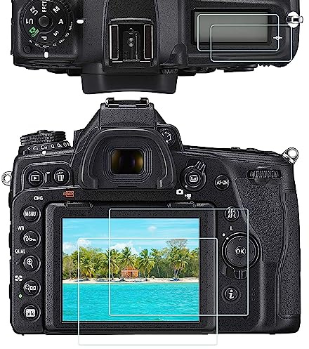 PCTC D780 Top + LCD-Displayschutzfolie, kompatibel mit Nikon D780 D750 Kamera (2 + 2 Stück), 0,3 mm 9H Härte, gehärtetes Glas, 2 x Blitzschuhkappen (Marienkäfer und Wasserwaage)