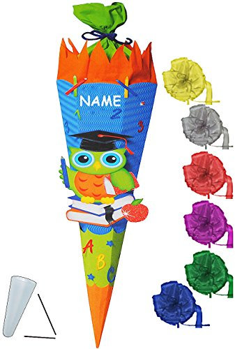 alles-meine.de GmbH BASTELSET Schultüte - lustige Eule - Schule - 85 cm - incl. Schleife + Name - mit/ohne Kunststoff Spitze - Zuckertüte - Set zum selber Basteln - 6 eckig..