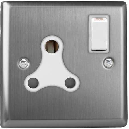 Varilight Round Pin Socket 15A - Classic Brushed Steel With White Insert, XTRP15AW
