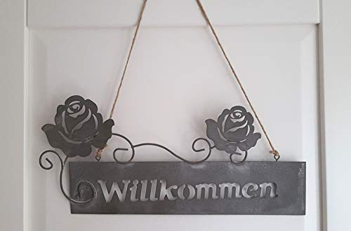 LB H&F Türschild WILLKOMMEN Rosen Türhänger Metall Grau Vintage Schild - 31cm - mit Juteseil zum aufhängen (Grau Rose)