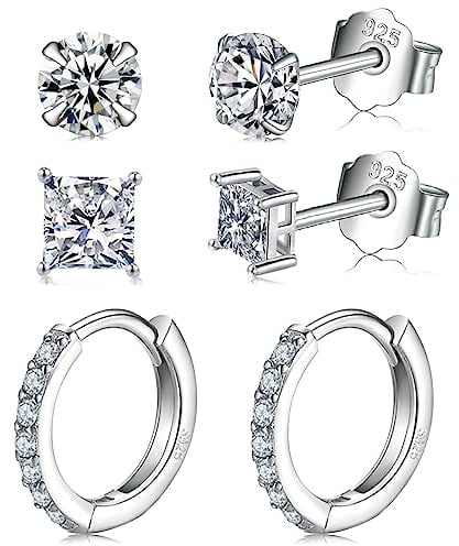 Silver Earrings for Women, 925 Sterling Silver Stud Hoop Earrings, 3 Pairs White Gold Earring Sets, 4mm Round Square Cubic Zirconia Stud Earrings 12mm Hoop Earrings, Small Cartilage Sleeper Earrings