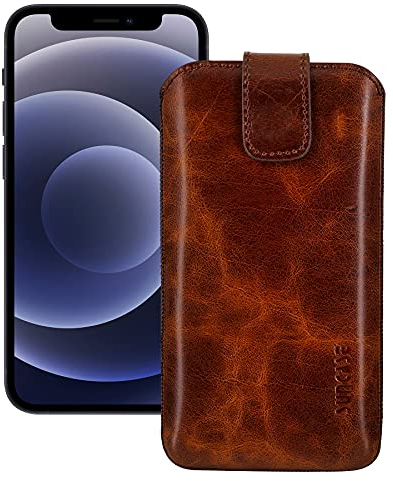 Suncase ECHT Leder Tasche kompatibel mit iPhone 12 (6.1) mit ZUSÄTZLICHER Transparent Hülle | Schale | Silikon Bumper Handytasche (mit Rückzugsfunktion und Magnetverschluss) in Rustik Tabak