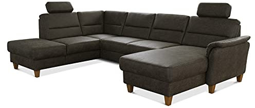 CAVADORE U-Form-Sofa Palera / Federkern-Wohnlandschaft mit Schlaffunktion, Stauraum und 2 Kopfstützen / 314 x 89 x 212 / Mikrofaser in Lederoptik, Oliv