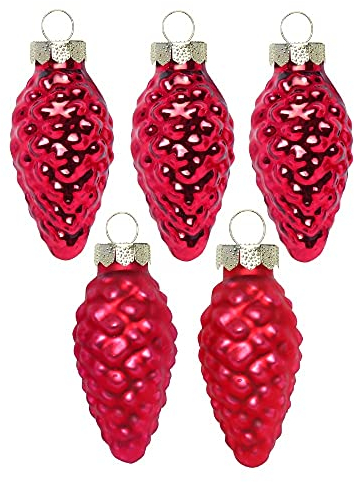 Inge Glas Magic Mini Weihnachtskugeln Zapfen 4,5cm 12 Stück Glas in Karton-Box (Ochsenblut | rot Glanz matt)