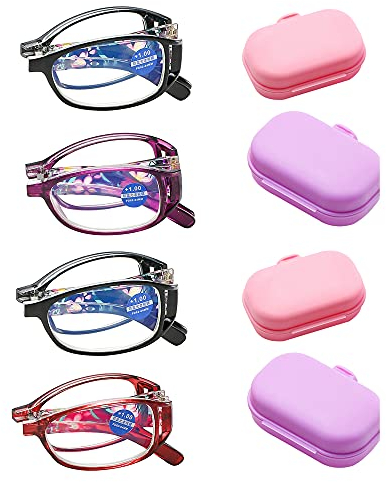 JoXiGo 4 Stueck Damen Lesebrille Anti-Blaulicht Kompakte Faltbar Klappbar Rahmen Brillen mit Pocket Etui,+3.0