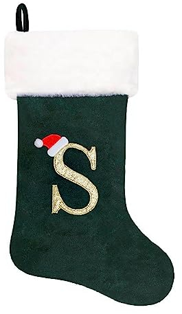 Eoocan 50.8 cm Monogramm-Weihnachtsstrümpfe, grüner Samt mit weißer, superweicher Plüschmanschette, bestickter Weihnachtsstrumpf, klassisch, Urlaub, Dekoration (Buchstabe S)