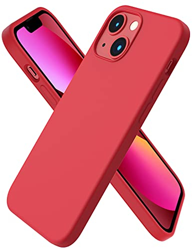 ORNARTO Compatible with iPhone 13 Mini Case, Slim Liquid Silicone 3 Layers Full Covered Soft Gel Rubber with Microfiber Case Cover 5.4 inch-Red