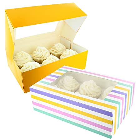 Baked with Love 650214 6/12 Cupcake Box, Twin Pack, Bold Stripes & Yellow Windowed to Carry Tasty Treats, Includes Dual Insert for 6 Standard Cupcakes or 12 Mini Cupcakes, Pack of 2 Boxes