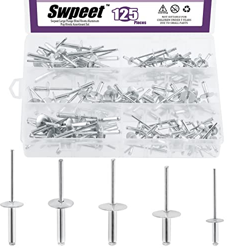 Swpeet 125Pcs 3/16 1/8 5/32 Large Flange Aluminum Blind Rivets Kit, Silver Pop Rivets Open End Type Pop Rivet for Indoor and Outdoor Use
