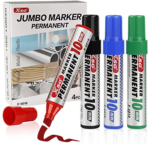 ABEIER Permanent Marker Pens, Assorted Ink Colours Acrylic Paint Marker Broad, chisel tip 10 mm JUMBO Size Permanent Marker for Plastic,Stone,Wood,Metal and Glass Doodling(Set of 4)