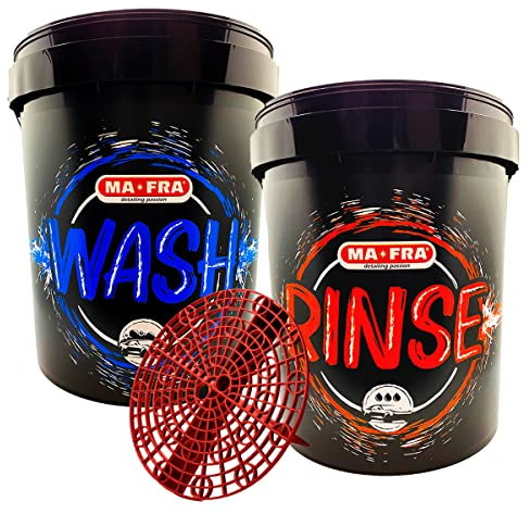 Ma-Fra Kit 2 seaux et grille pour le lavage de voiture avec technique 2 seaux de detailing, wash et rinse