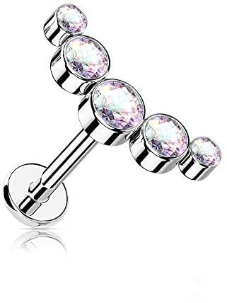 Treuheld® Labret Piercing mit runden Kristallen | Größe: 1.2mm x 6mm | Farbe: silber - Kristalle: regenbogen