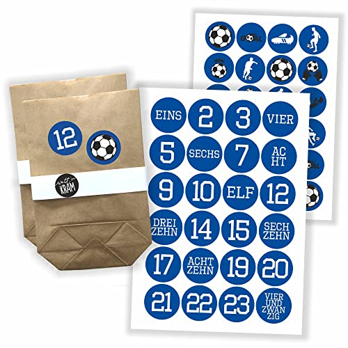 Watt n KRAM Adventskalender Fußball Aufkleber Papiertüten Set - 48 Etiketten blau-weiß/inkl. Tüten