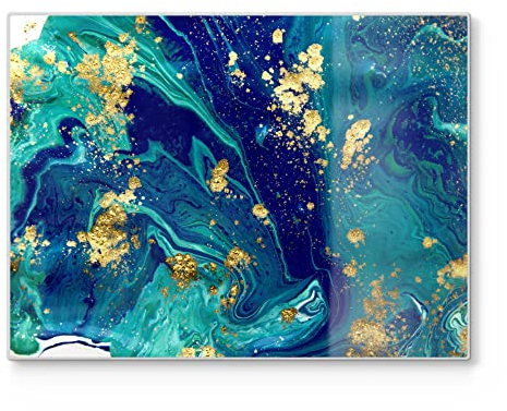 DEQORI Schneidebrett aus Glas | groß 40x30 cm | Motiv Marmor mit Goldakzent | Design Schneideplatte für Küche | Frühstücksbrett antibakteriell & rutschfest | Glasplatte & Servierplatte